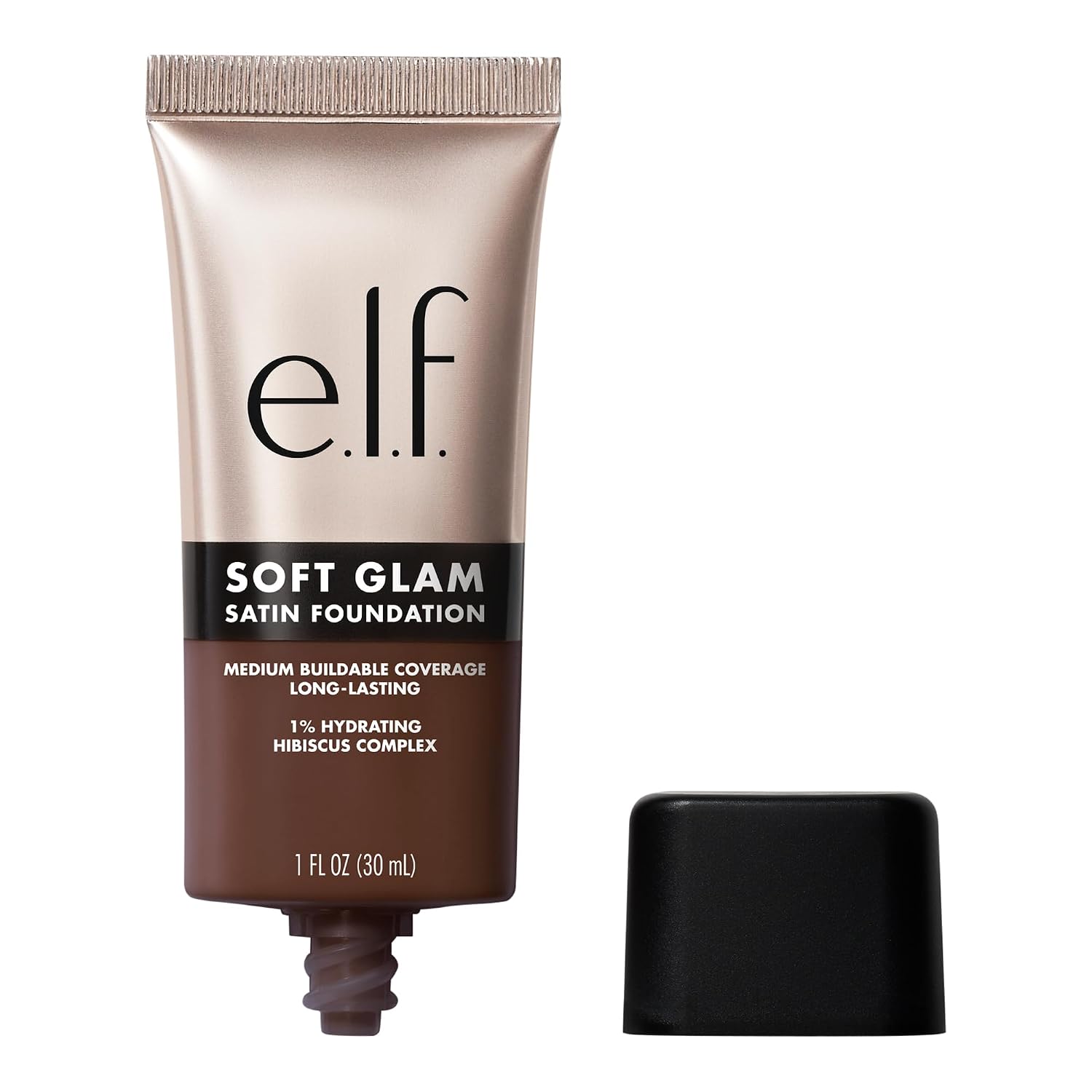 e.l.f. Soft Glam Satin Foundation. Medium Coverage. 52 Deep Cool | Satin Finish. Long-Lasting Wear. Hydrating Hyaluronic Acid & Hibiscus Complex. Blurs Pores. Lightweight. Vegan & Cruelty-Free
