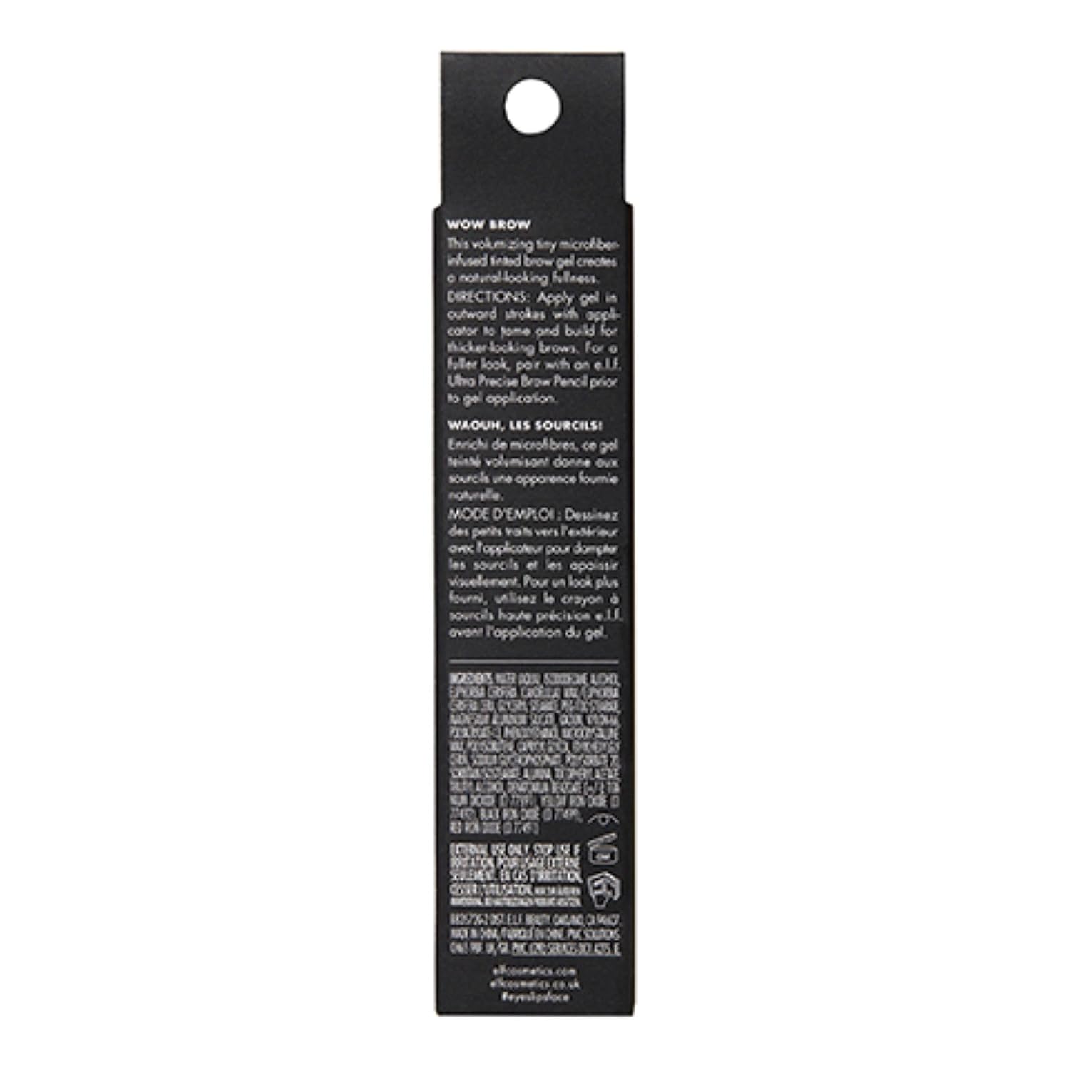 e.l.f. Wow Brow Gel. Volumizing. Buildable. Wax-Gel Hybrid. Creates Full. Voluminous-Looking Brows. Locks Brow Hairs In Place. Deep Brown