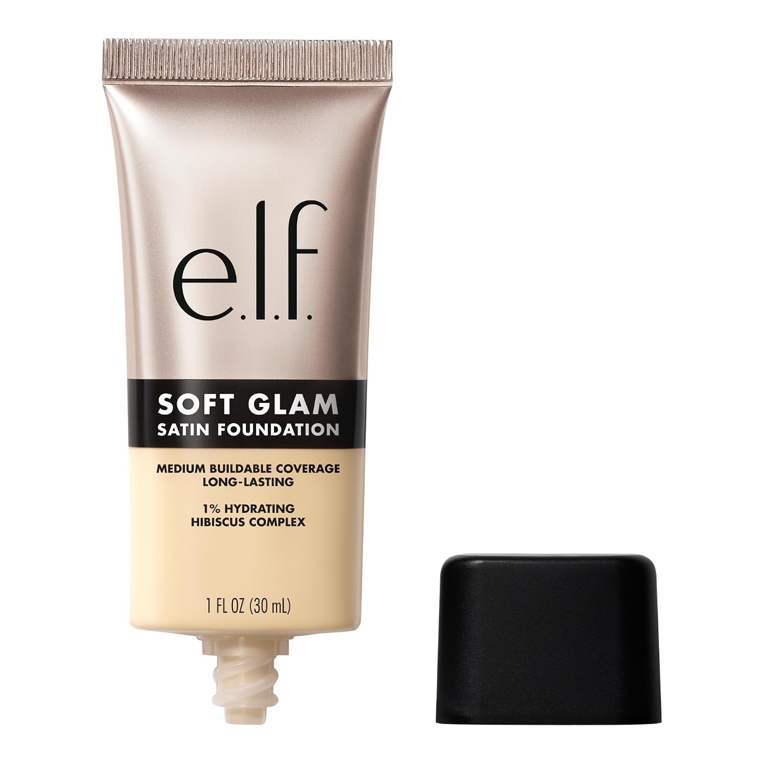 e.l.f. Soft Glam Satin Foundation. Medium Coverage. 63 Rich Warm | Satin Finish. Long-Lasting Wear. Hydrating Hyaluronic Acid & Hibiscus Complex. Blurs Pores. Lightweight. Vegan & Cruelty-Free