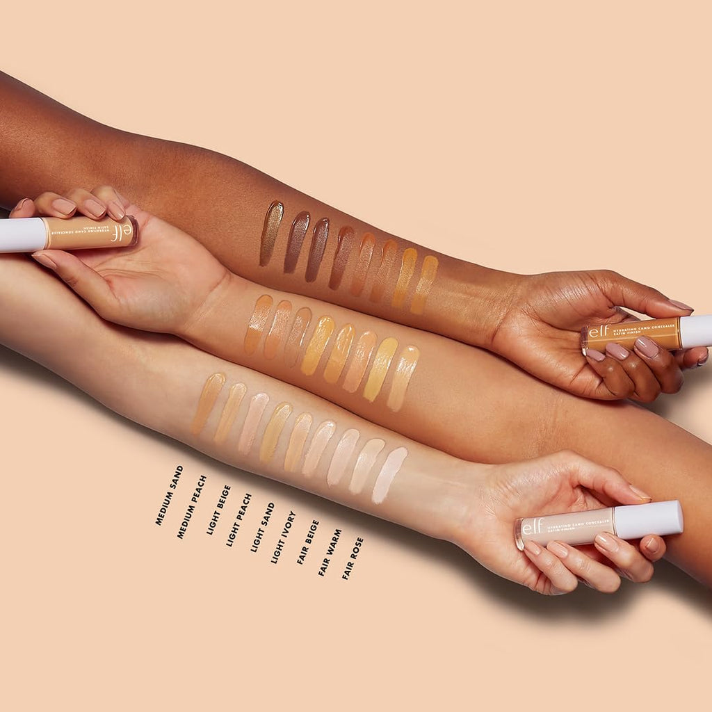 e.l.f. Hydrating Camo Concealer. Full Coverage. Fair Beige | Satin Finish. Under-Eye & Blemish Coverage. Hydrating Formula. Long-Lasting Wear. Non-Creasing. Vegan & Cruelty-Free