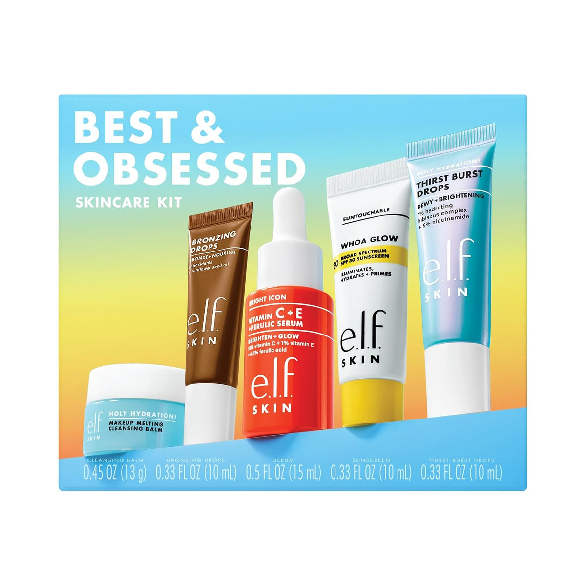 e.l.f. SKIN Best & Obsessed Skincare Kit | Travel-Size Makeup Remover. Sunscreen & Brightening Serums For Glowy Skin. Vegan & Cruelty-Free