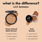 e.l.f. Primer-Infused Bronzer. Fresh Tan | Long-Lasting. Lightweight & Buildable Powder Bronzer. Delivers A Matte Finish. Vegan & Cruelty-Free