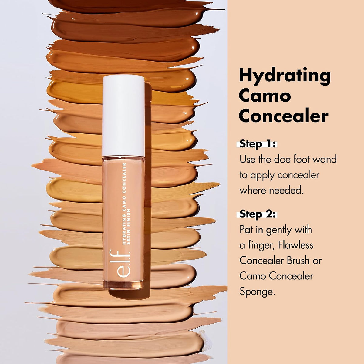 e.l.f. Hydrating Camo Concealer. Full Coverage. Light Beige | Satin Finish. Under-Eye & Blemish Coverage. Hydrating Formula. Long-Lasting Wear. Non-Creasing. Vegan & Cruelty-Free