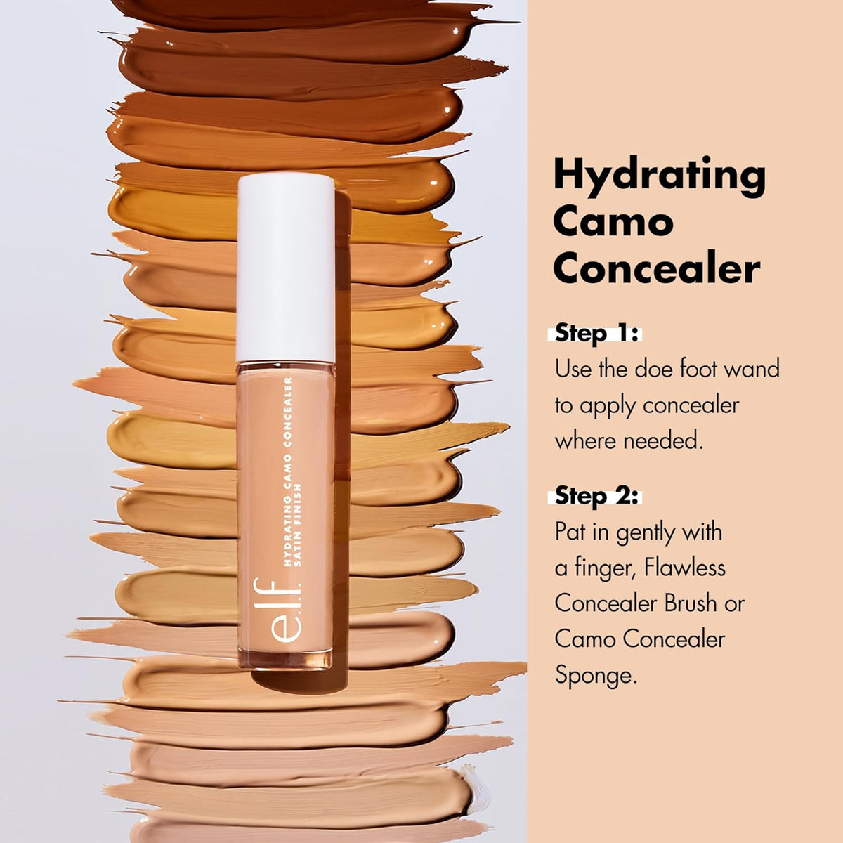 e.l.f. Hydrating Camo Concealer. Full Coverage. Rich Ebony | Satin Finish. Under-Eye & Blemish Coverage. Hydrating Formula. Long-Lasting Wear. Non-Creasing. Vegan & Cruelty-Free