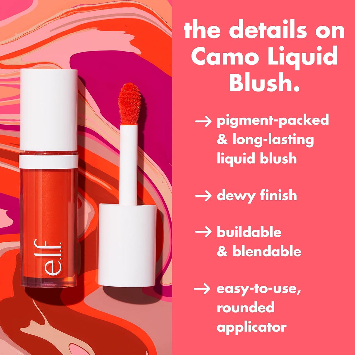 e.l.f. Camo Liquid Blush. Buildable & Blendable. Dusty Rosé | Lightweight Liquid Formula. Long-Lasting Wear. High-Pigment Color. Smooth Application. Buildable. Vegan & Cruelty-Free