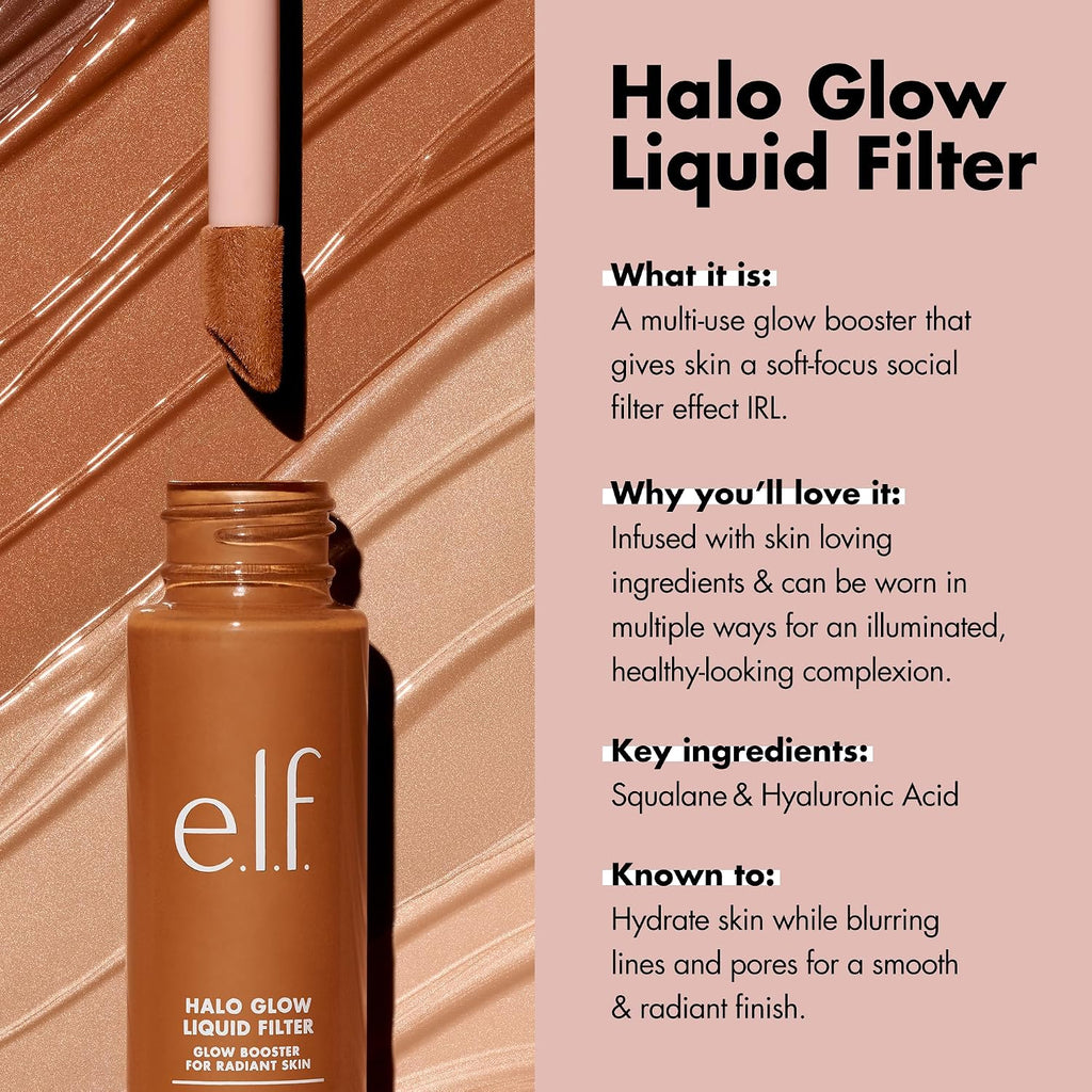 e.l.f. Halo Glow Liquid Filter. Hydrating Complexion Boost. 8.5 Rich | Soft Focus. Luminous Natural Glow for Face & Body. Infused with Hyaluronic Acid & Squalene. Vegan & Cruelty-Free
