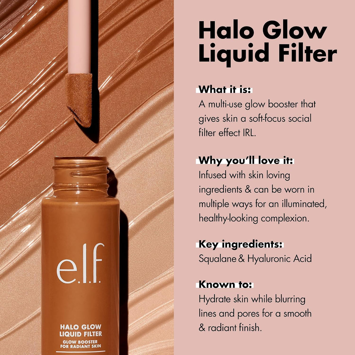 e.l.f. Halo Glow Liquid Filter. Hydrating Complexion Boost. 3 Light/Medium | Soft Focus. Luminous Natural Glow for Face & Body. Infused with Hyaluronic Acid & Squalene. Vegan & Cruelty-Free