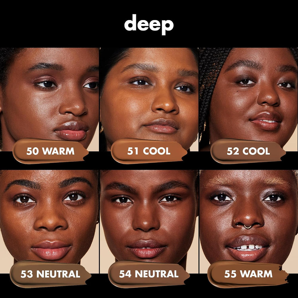 e.l.f. Soft Glam Satin Foundation. Medium Coverage. 52 Deep Cool | Satin Finish. Long-Lasting Wear. Hydrating Hyaluronic Acid & Hibiscus Complex. Blurs Pores. Lightweight. Vegan & Cruelty-Free