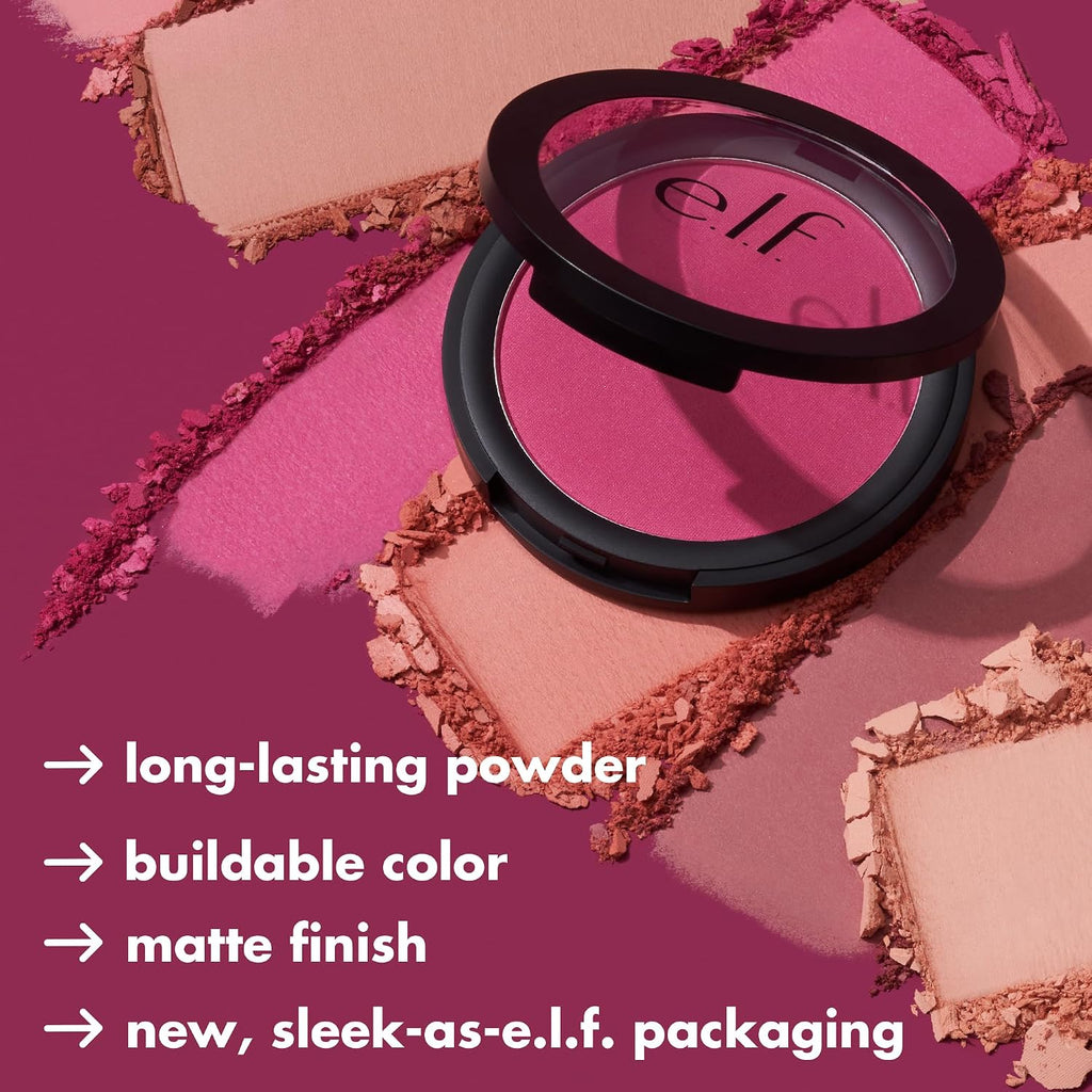 e.l.f. Primer-Infused Matte Blush. Always Vibrant | Long-Lasting. Lightweight & Buildable Powder Blush. Delivers A Matte Finish. Vegan & Cruelty-Free