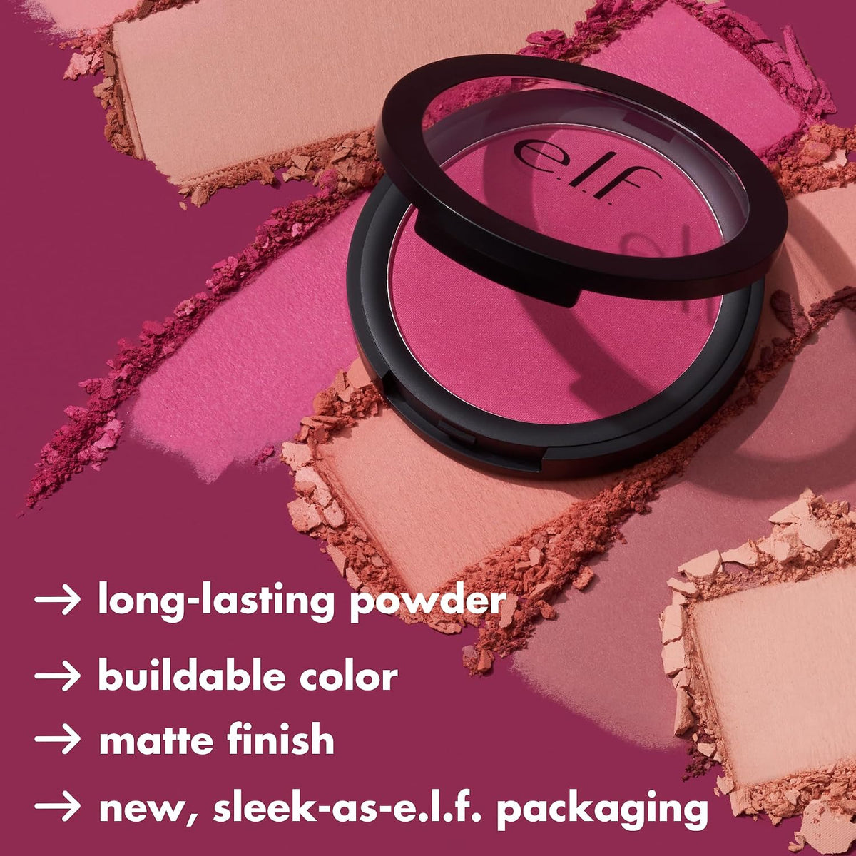e.l.f. Primer-Infused Blush. Long-Wear. Matte. Bold. Lightweight. Blends Easily. Contours Cheeks. All-Day Wear. 0.35 Oz
