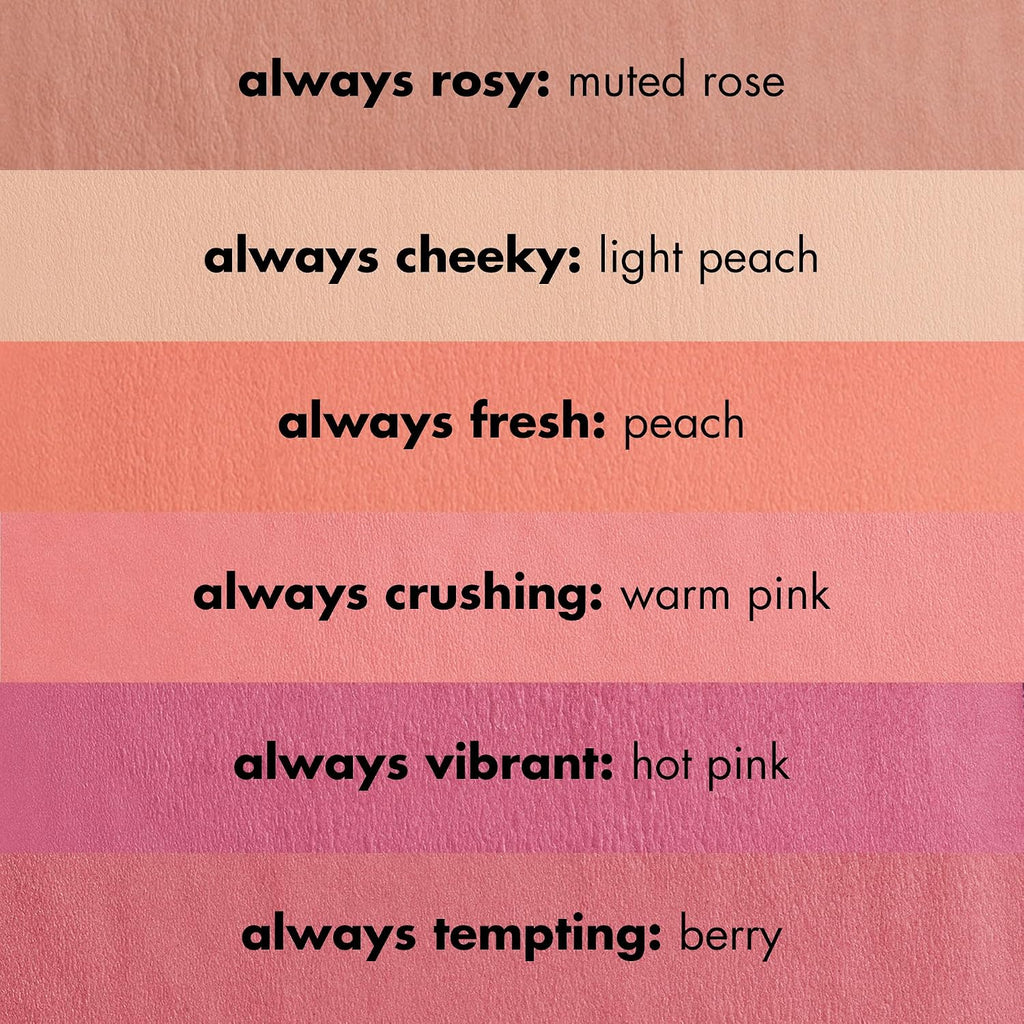 e.l.f Primer-Infused Blush. Long-Wear. Matte. Bold. Lightweight. Blends Easily. Contours Cheeks. Always Rosy. All-Day Wear. Vegan & Cruelty-Free