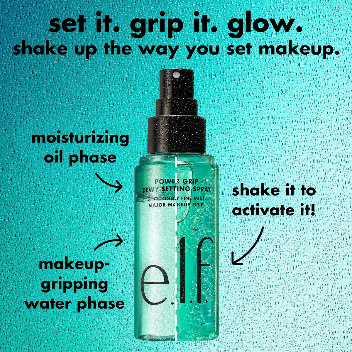 e.l.f. Power Grip Dewy Setting Spray. Hydrating Mist. Dewy Glow Finish | 5% Aloe. Hyaluronic Acid + Squalene Blend. Preps for Long-Lasting Hold. Non-Sticky & Non-Greasy Feel. Vegan & Cruelty-Free
